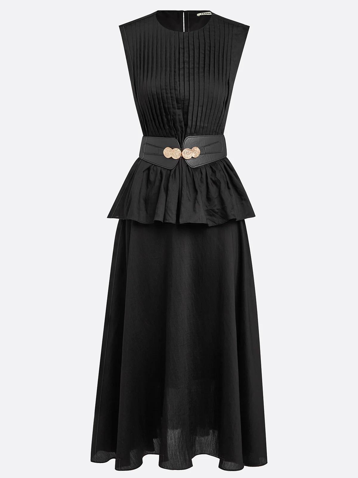 Women Black Pleated Crew Neck Sleeveless Dressy Top With Skirt Two-Piece Set