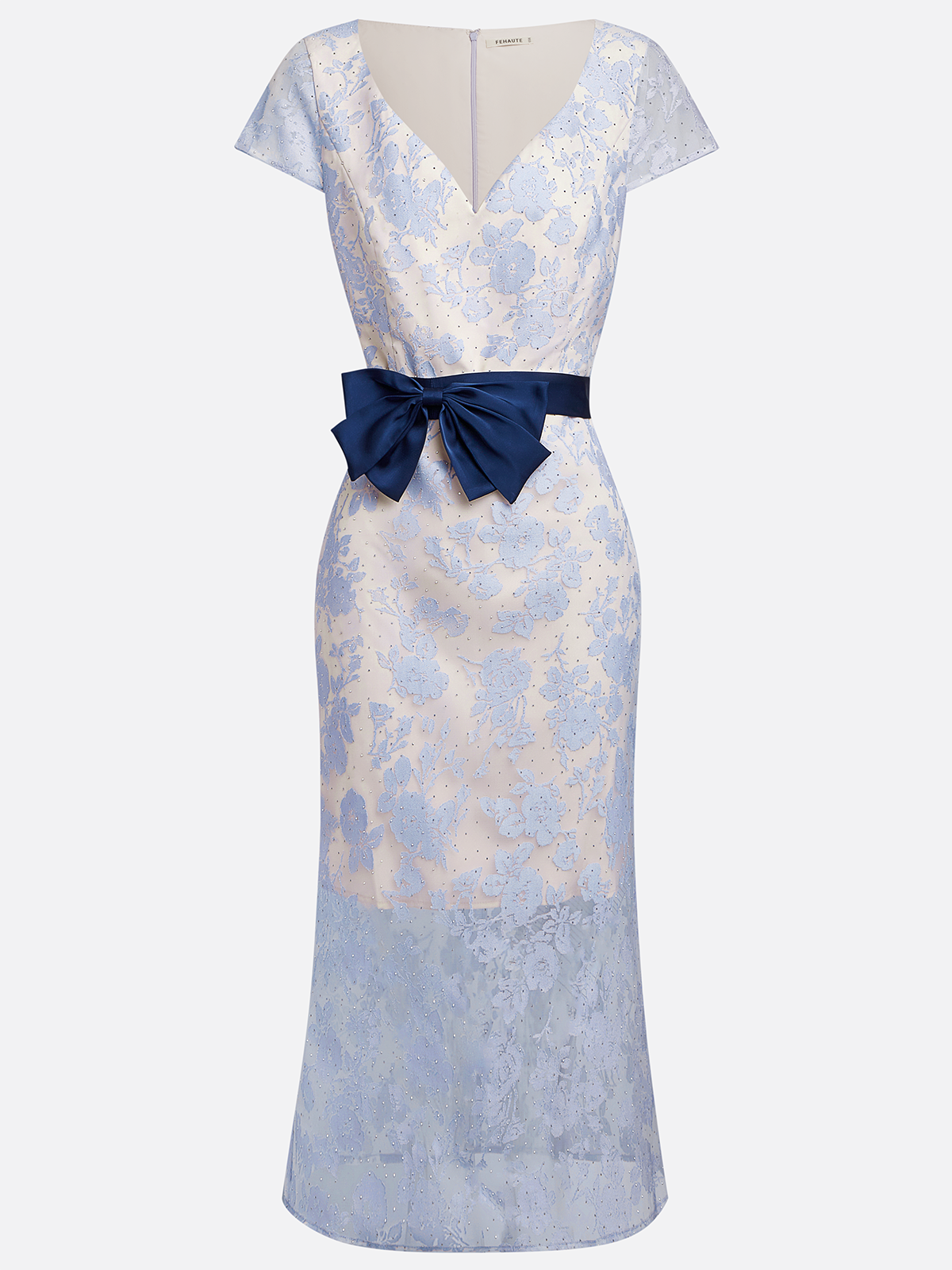 Blue Organza Bow Jacquard Hotfix Embellished Classic V Neck Short Sleeve Mermaid Midi Dress