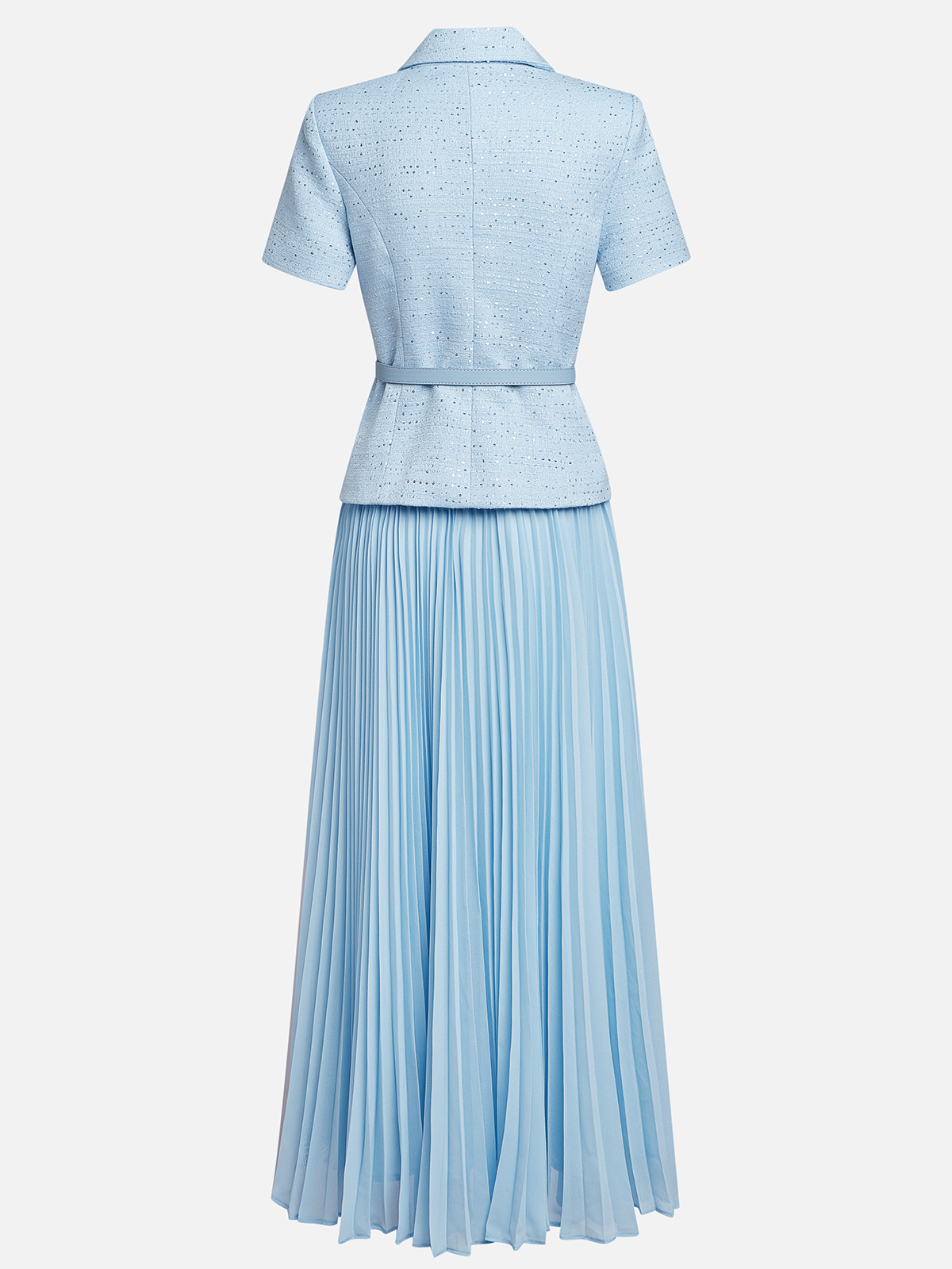 Women Light Blue Tweed Pleated Buckle Lapel Collar Short Sleeve Dressy Top With Skirt Two-Piece Set