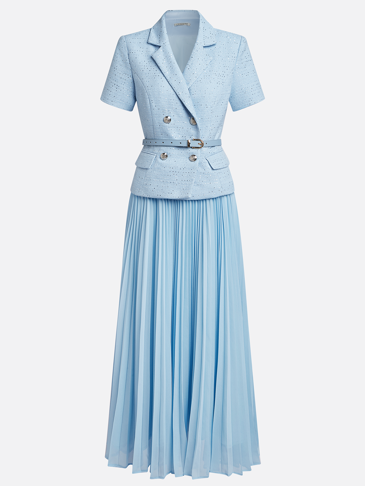 Women Light Blue Tweed Pleated Buckle Lapel Collar Short Sleeve Dressy Top With Skirt Two-Piece Set