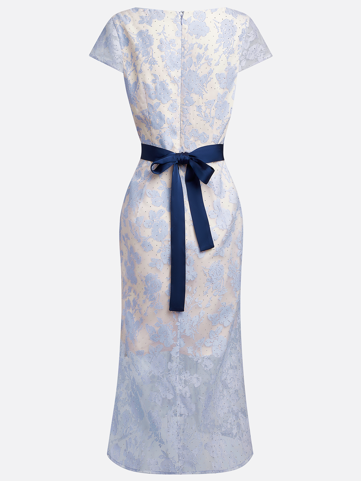 Blue Organza Bow Jacquard Hotfix Embellished Classic V Neck Short Sleeve Mermaid Midi Dress