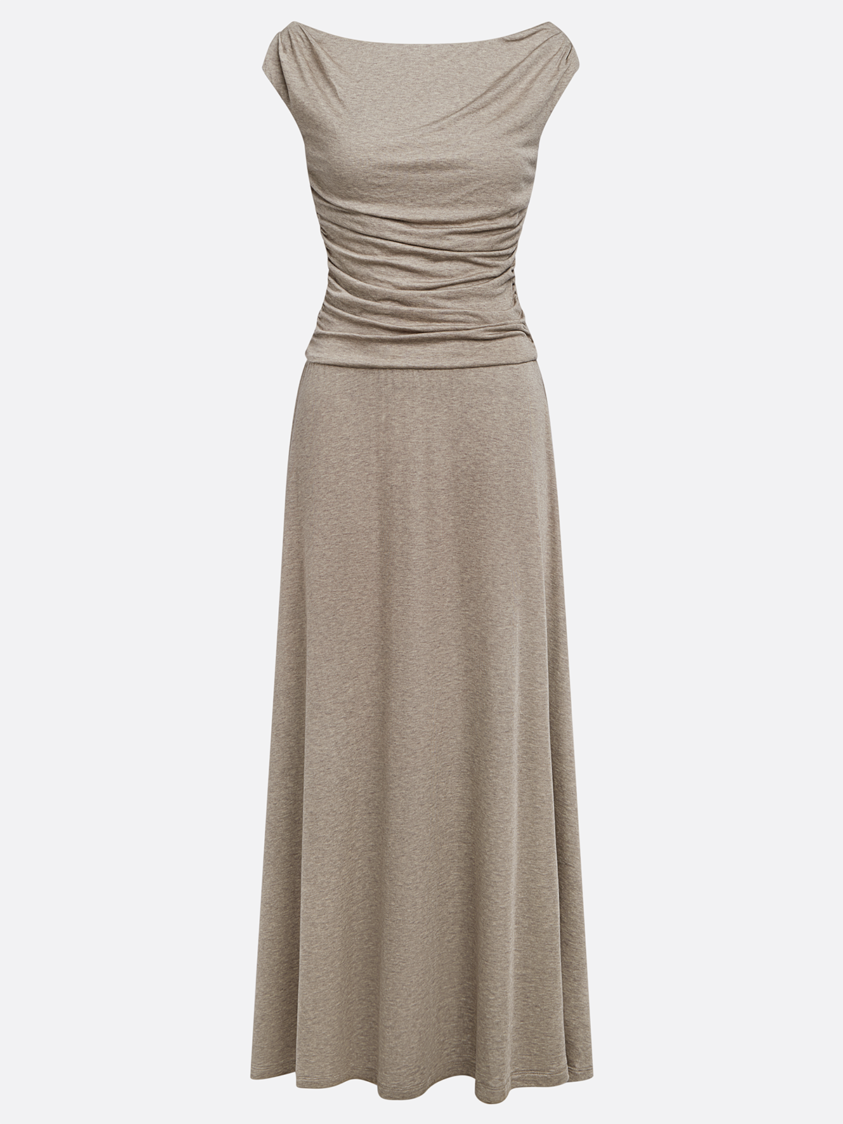 Khaki Lyocell Wool Ruched Knit Off The Shoulder Sleeveless A-Line Maxi Dress