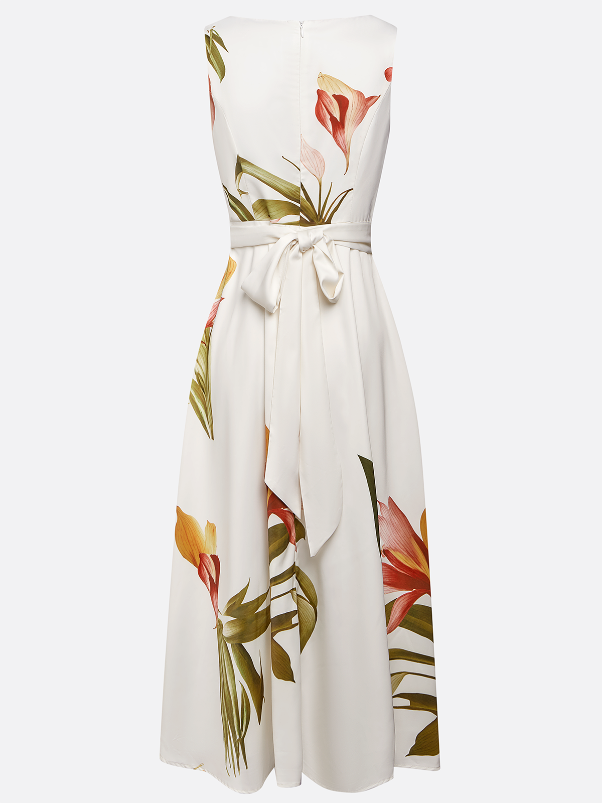 Beige Floral Boat Neck Sleeveless A-Line Midi Dress