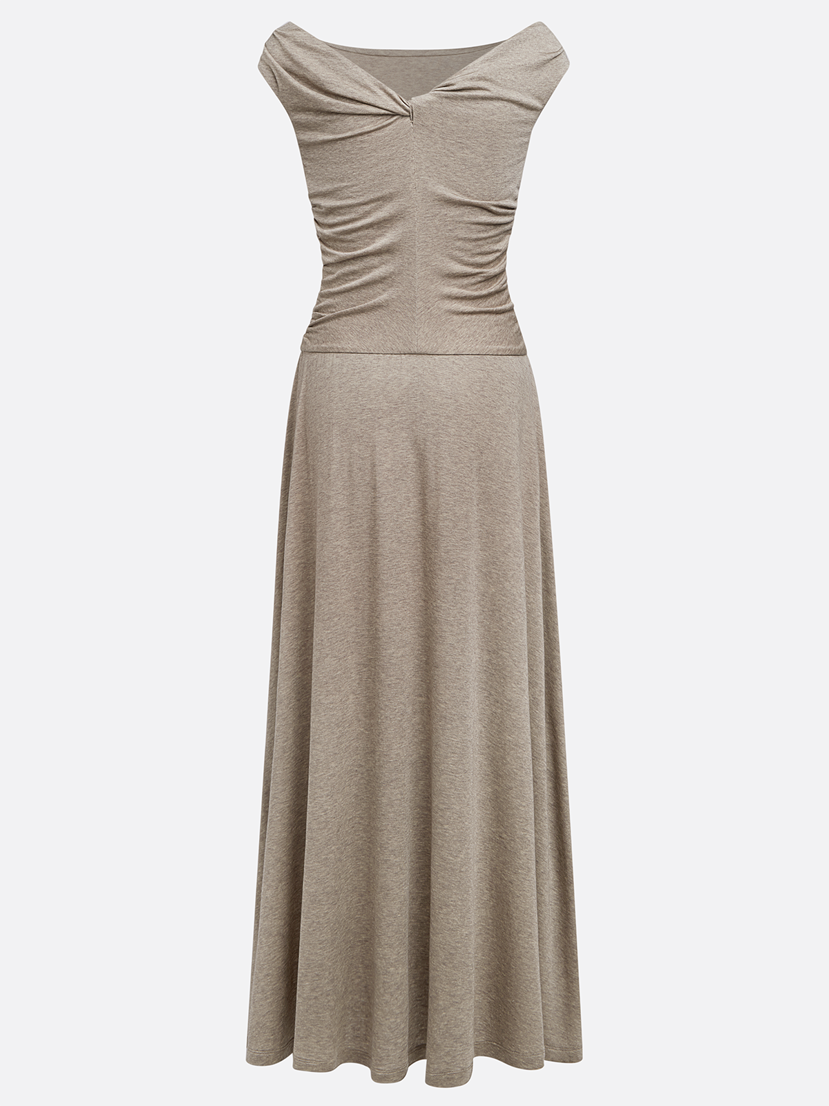 Khaki Lyocell Wool Ruched Knit Off The Shoulder Sleeveless A-Line Maxi Dress