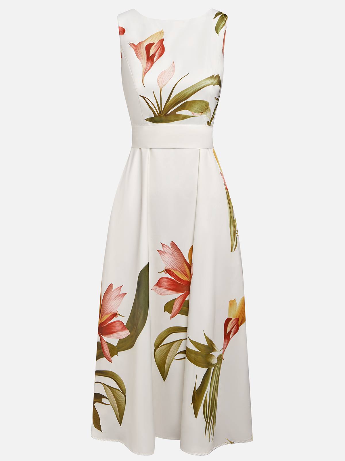 Beige Floral Boat Neck Sleeveless A-Line Midi Dress
