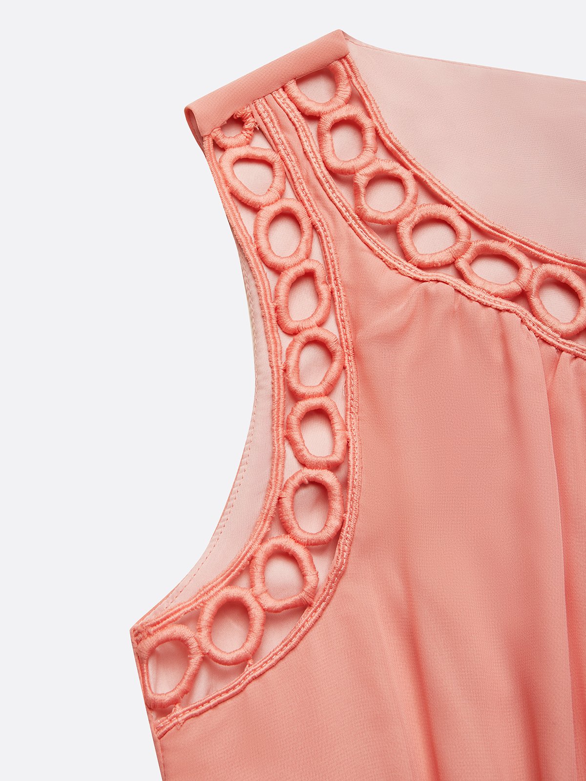 Orange Hollow Out Pleated Chiffon Crew Neck Sleeveless A-Line Maxi Dress