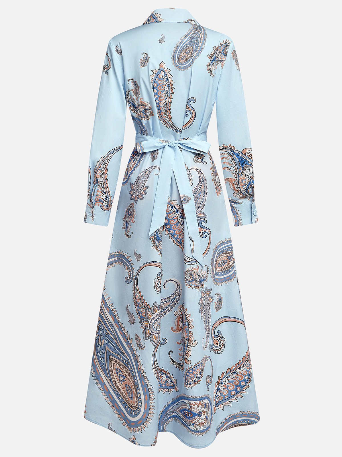 Light Blue Floral Paisley Shirt Dress Shirt Collar Long Sleeve A-Line Maxi Dress