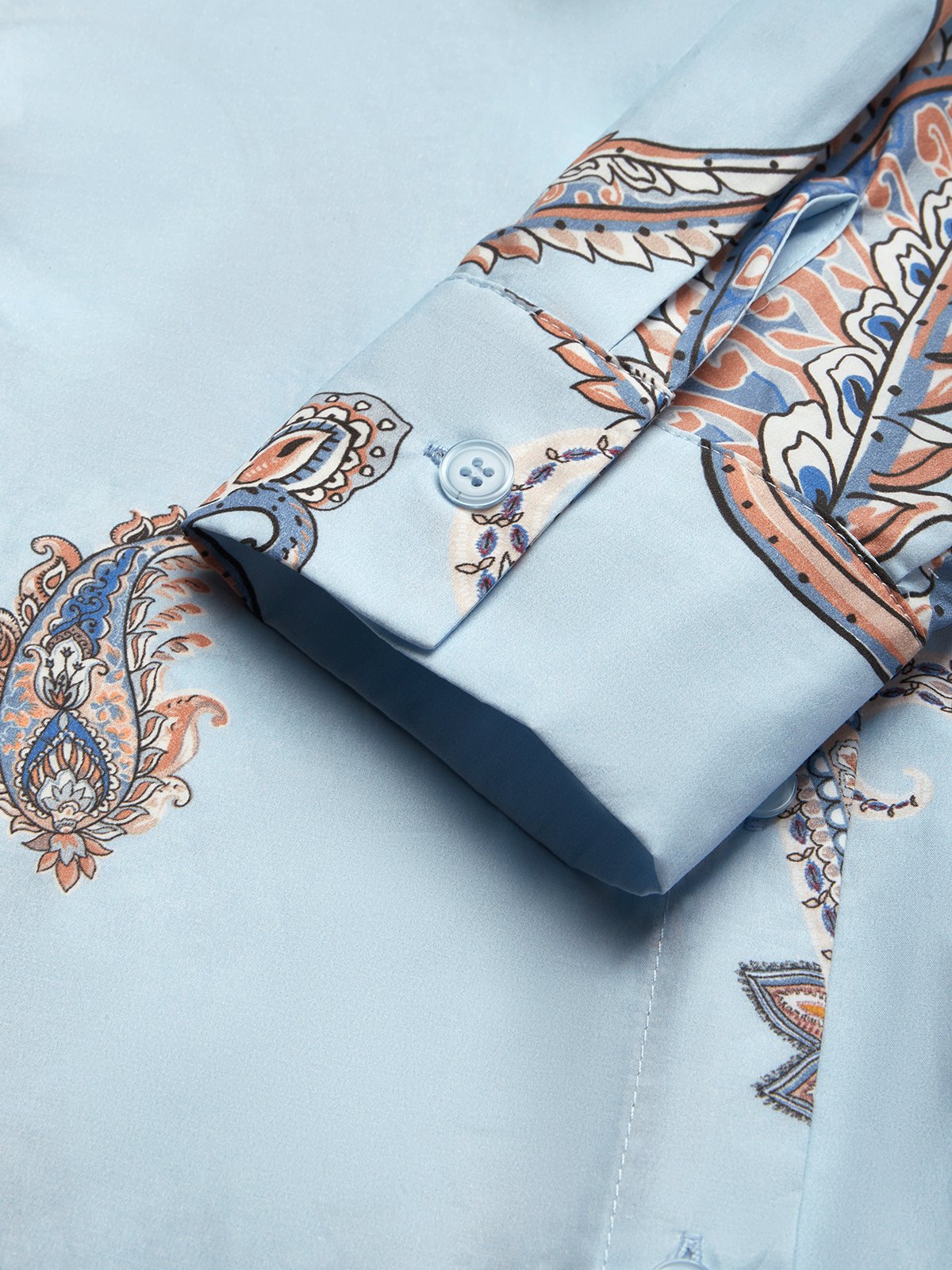Light Blue Floral Paisley Shirt Dress Shirt Collar Long Sleeve A-Line Maxi Dress