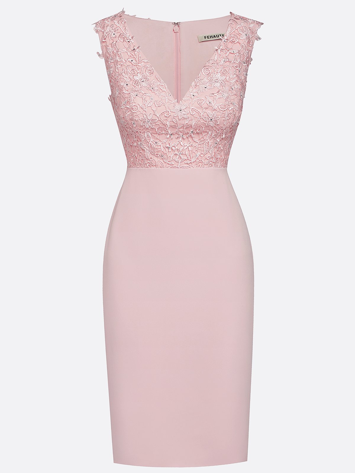 Pink Lace Hotfix Embellished Classic V Neck Sleeveless Sheath Midi Dress