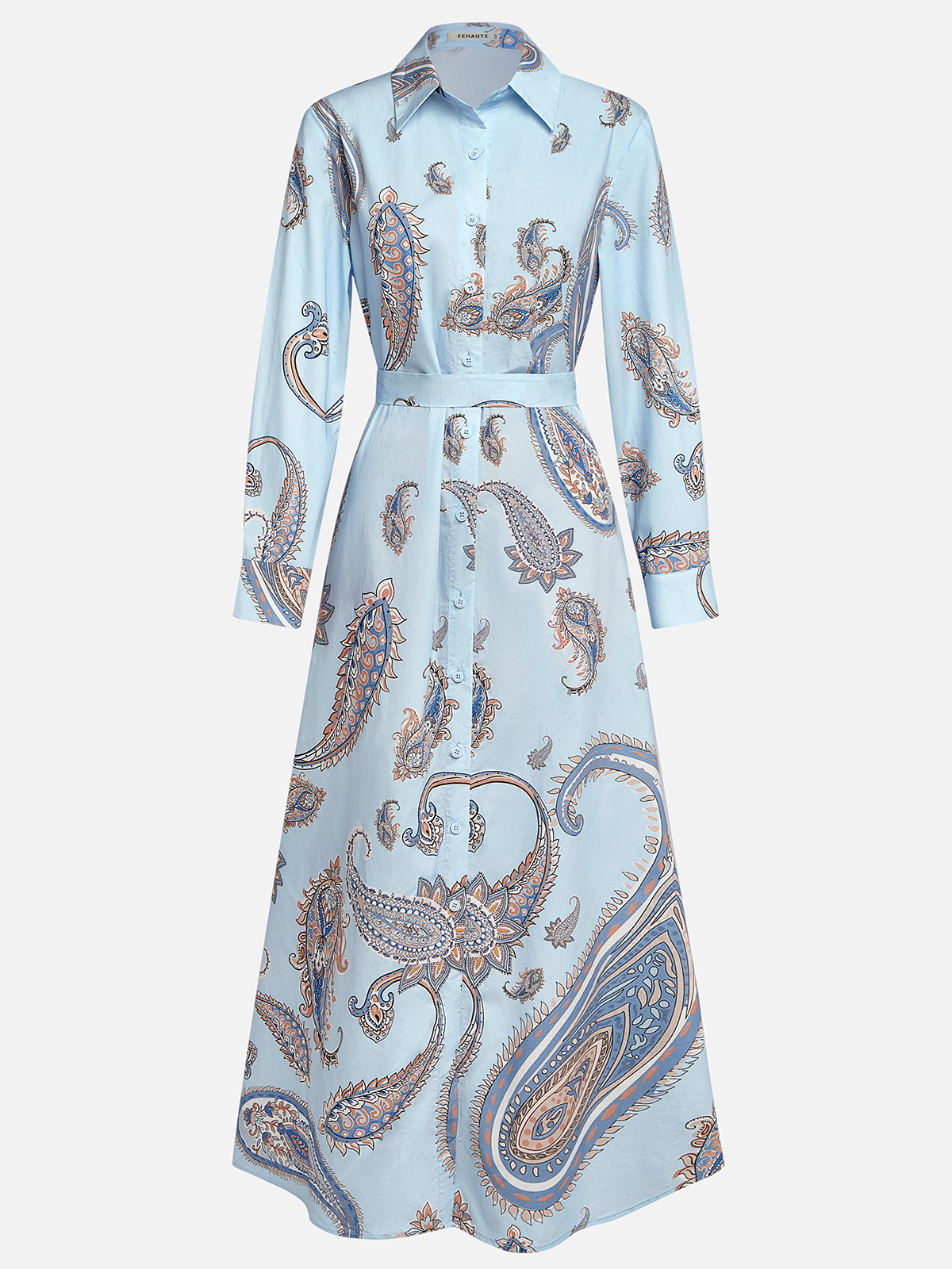 Light Blue Floral Paisley Shirt Dress Shirt Collar Long Sleeve A-Line Maxi Dress