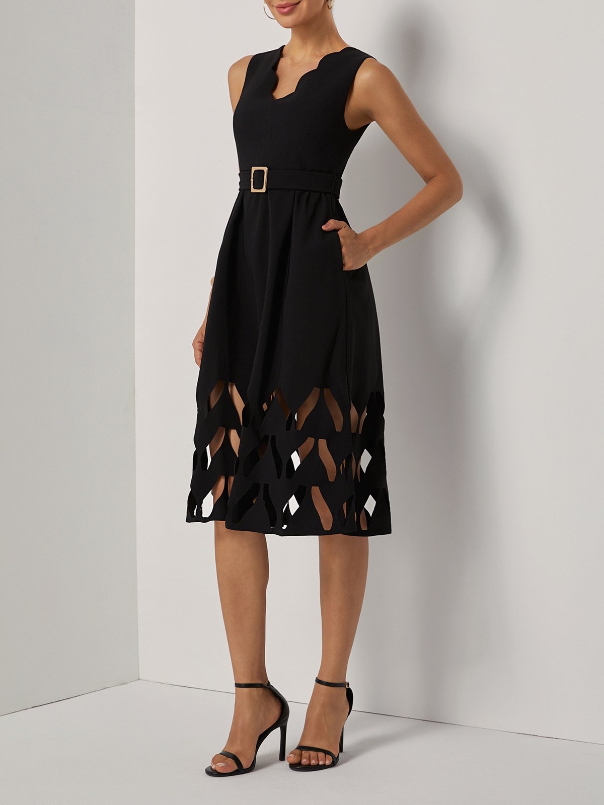 Black Devore Classic V Neck Sleeveless A-Line Midi Dress
