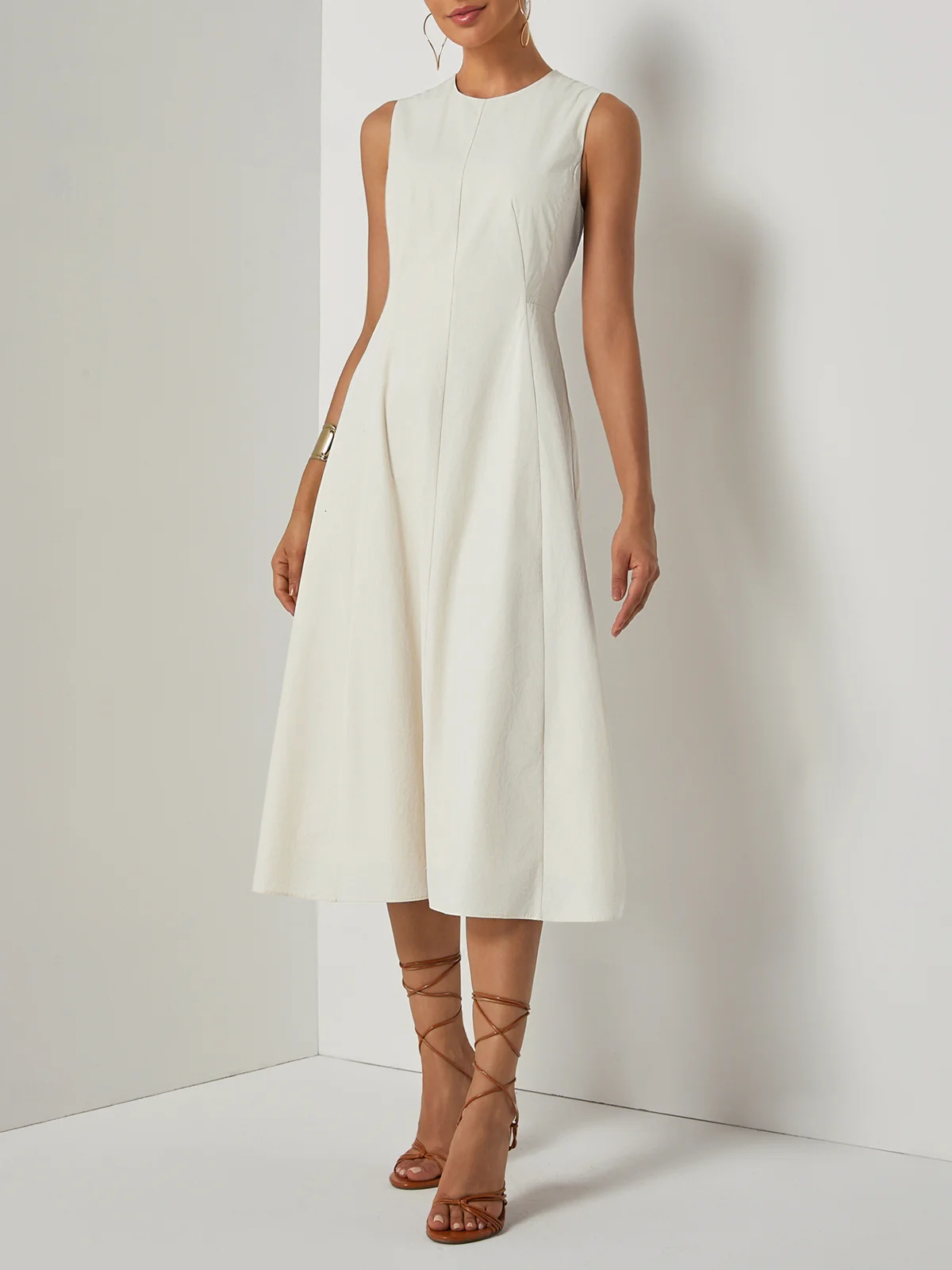 Apricot Cotton Crew Neck Sleeveless A-Line Midi Dress