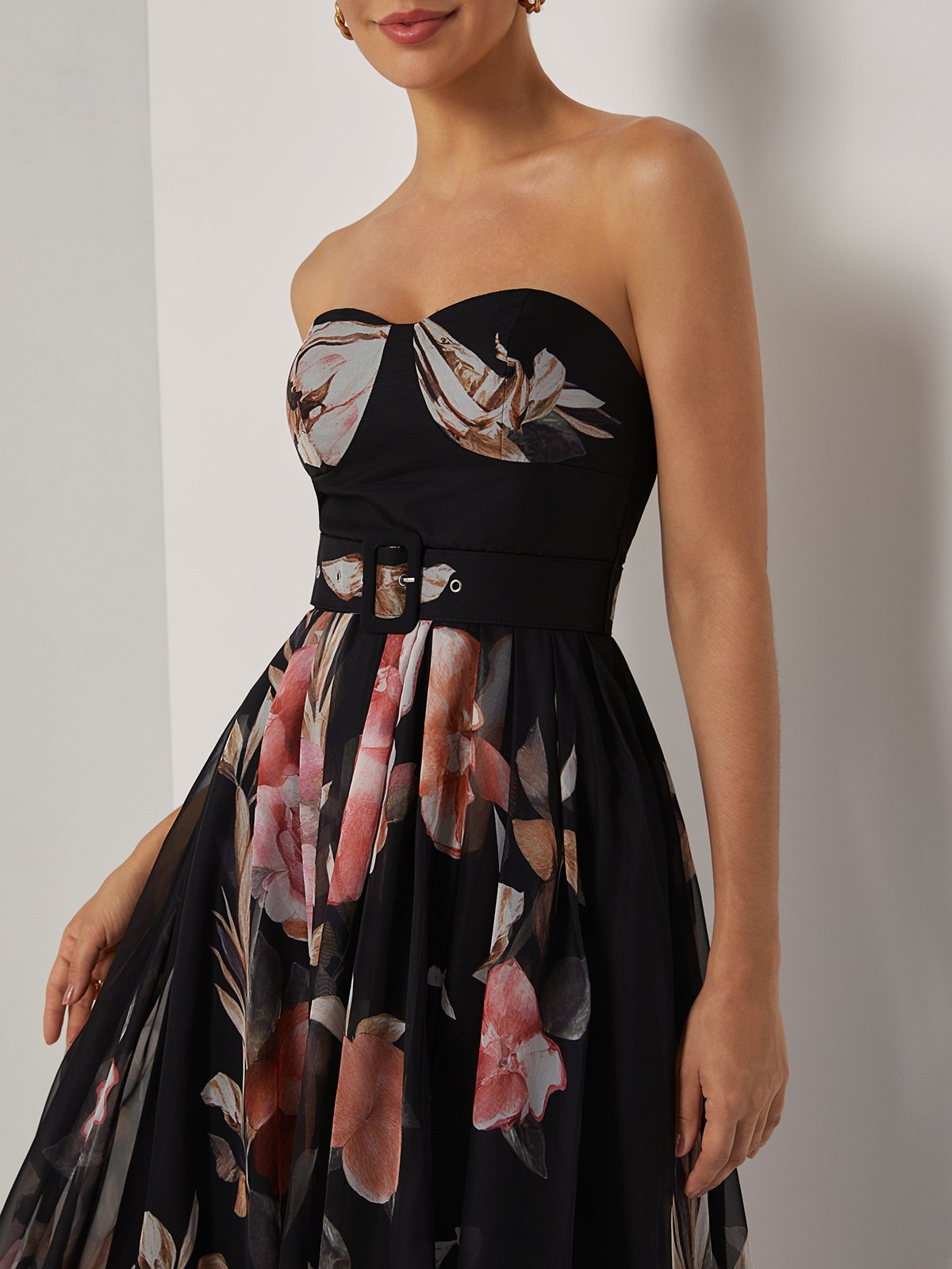 Black Floral Chiffon Strapless Sleeveless A-Line Midi Dress