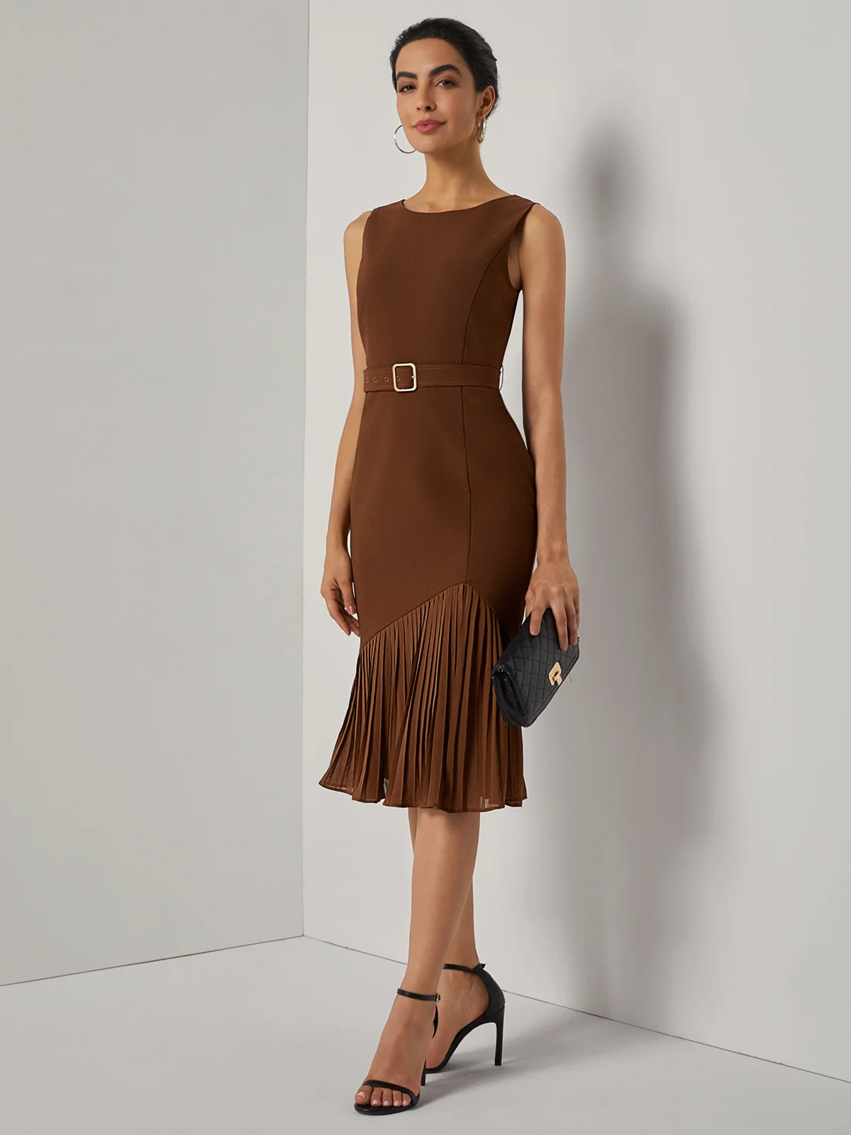 Brown Pleated Slit Classic Boat Neck Sleeveless Mermaid Midi Dress