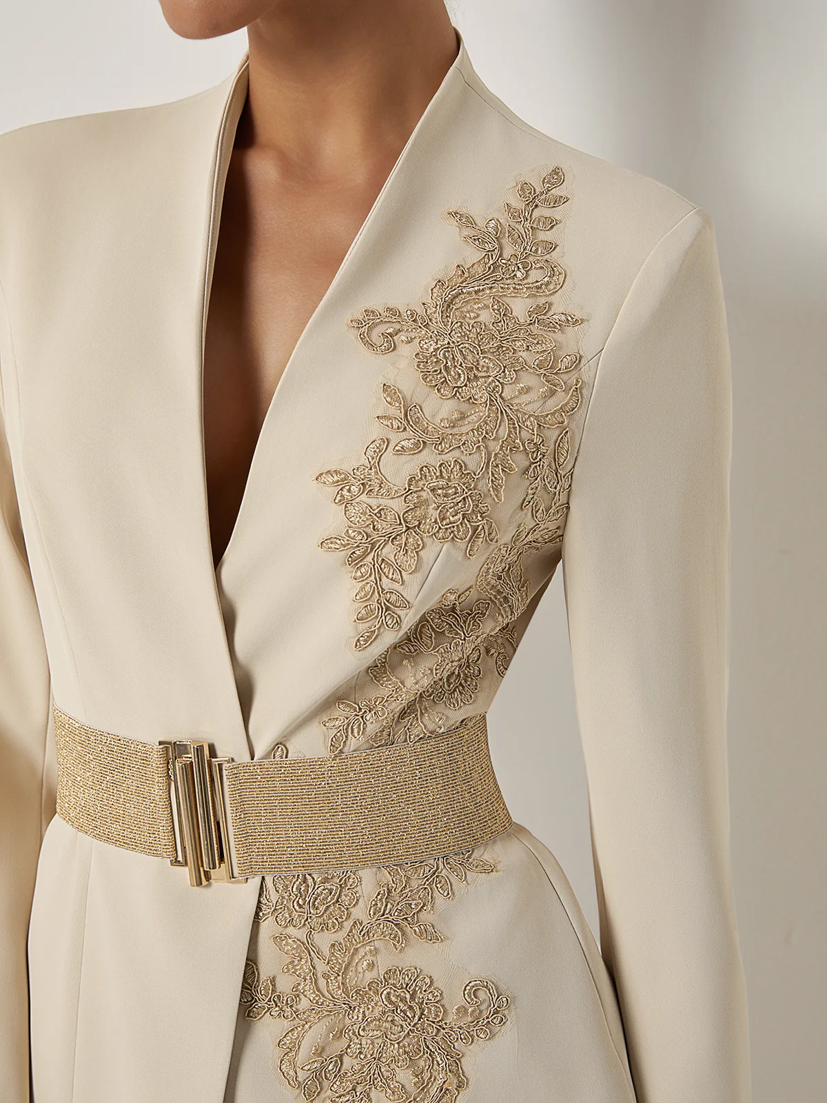 Women Apricot Applique Embroidery Deep V Neck Long Sleeve Dressy Coat With Pants Two-Piece Set