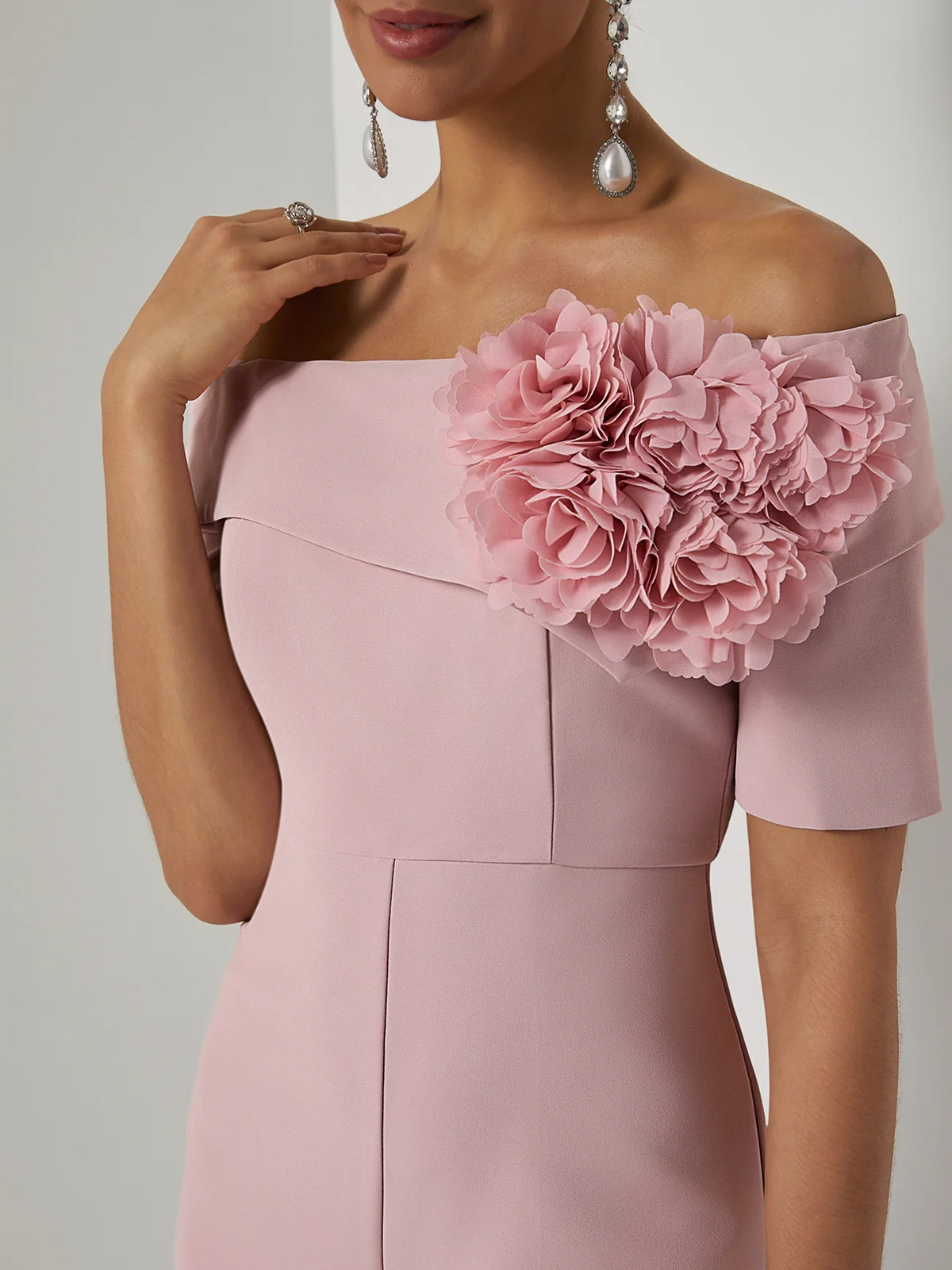 Women Pink 3D Floral Off The Shoulder Short Sleeve Dressy Jumpsuit