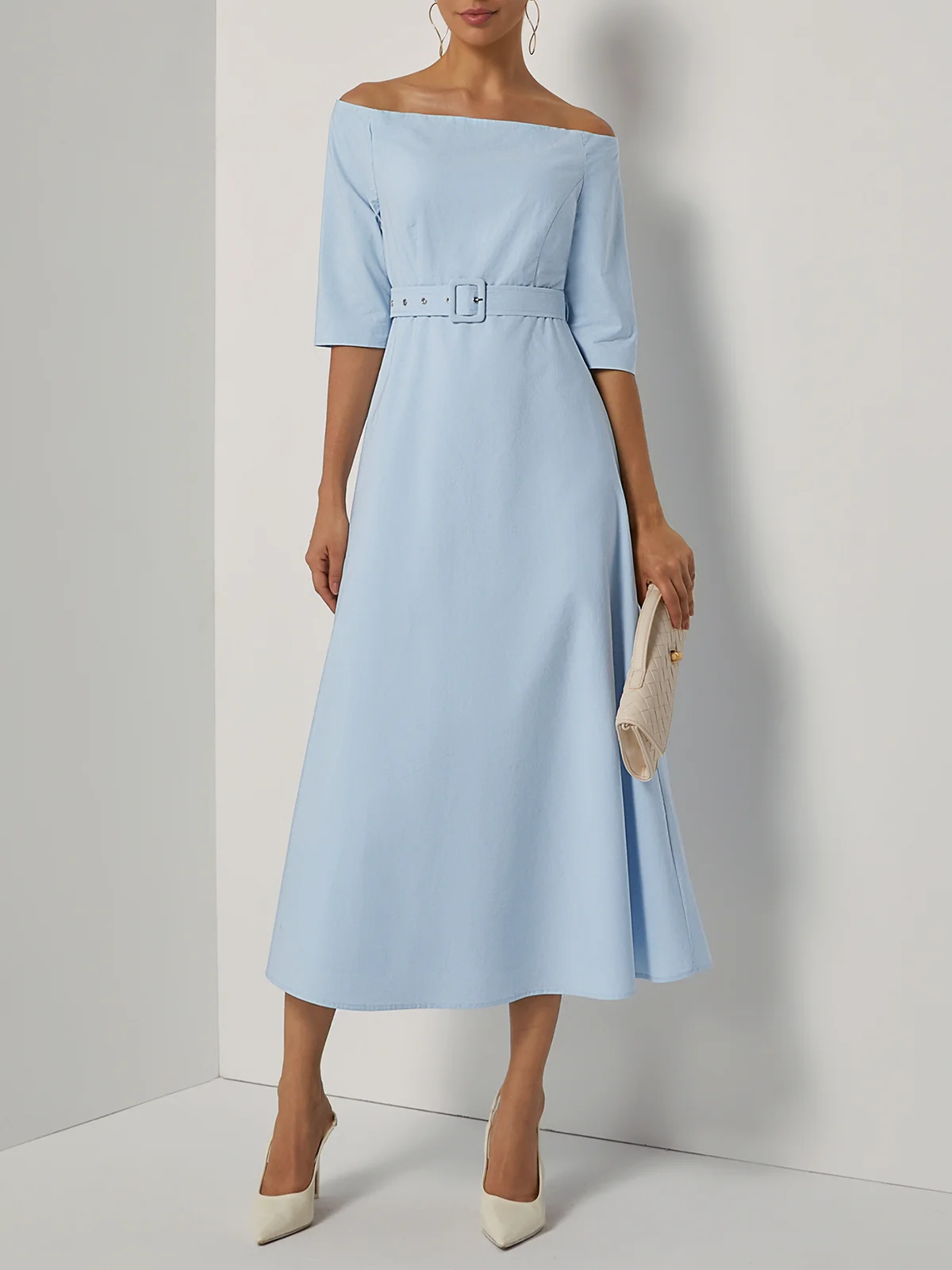 Light Blue Cotton Off The Shoulder Half Sleeve A-Line Maxi Dress