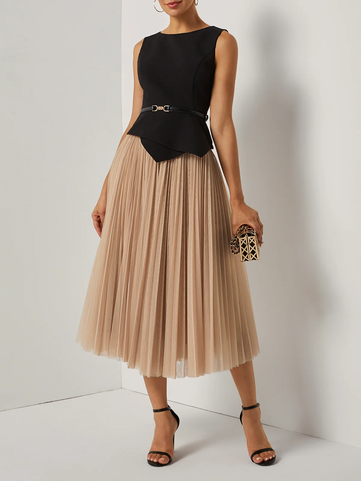 Light Khaki Asymmetrical Boat Neck Top with Skirt Two-Piece Set With Belt
