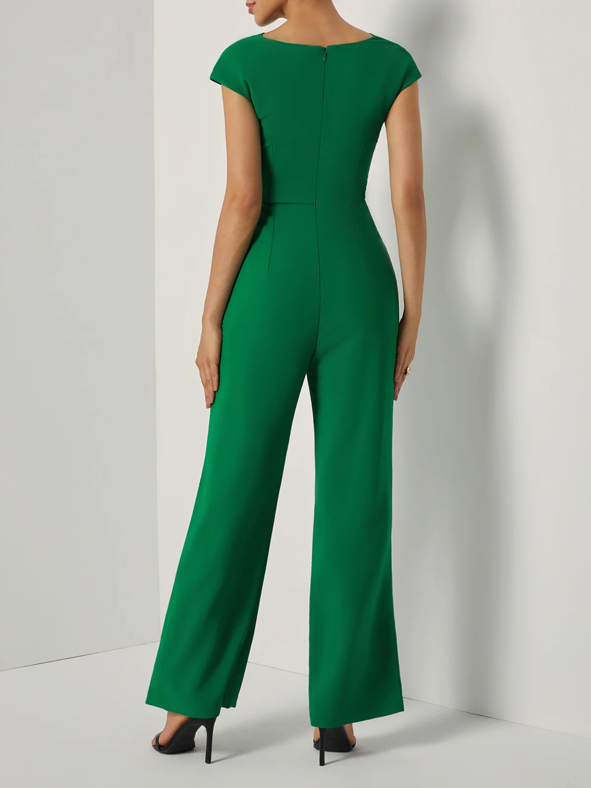Women Green Ruched Cowl Neck Cap Sleeve Dressy Jumpsuit