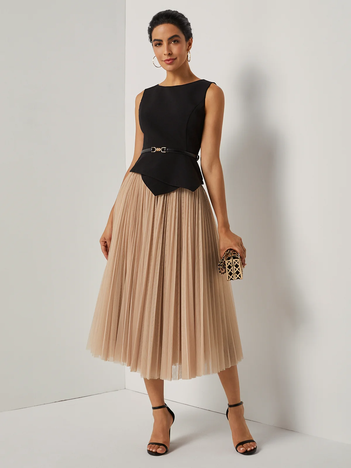 Light Khaki Asymmetrical Boat Neck Top with Skirt Two-Piece Set With Belt