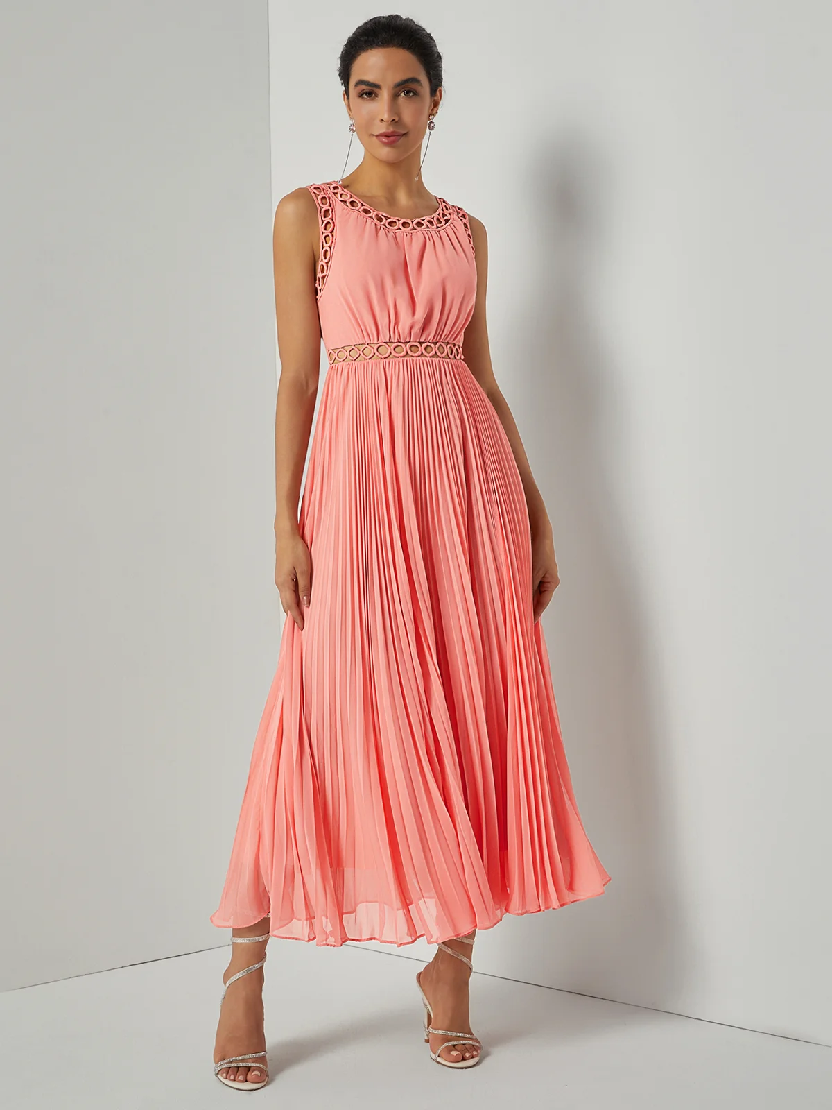 Orange Lace Pleated Hollow Out Chiffon Crew Neck Sleeveless A-Line Maxi Dress