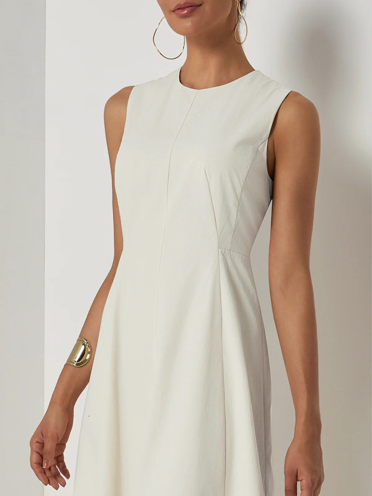 Apricot Cotton Crew Neck Sleeveless A-Line Midi Dress