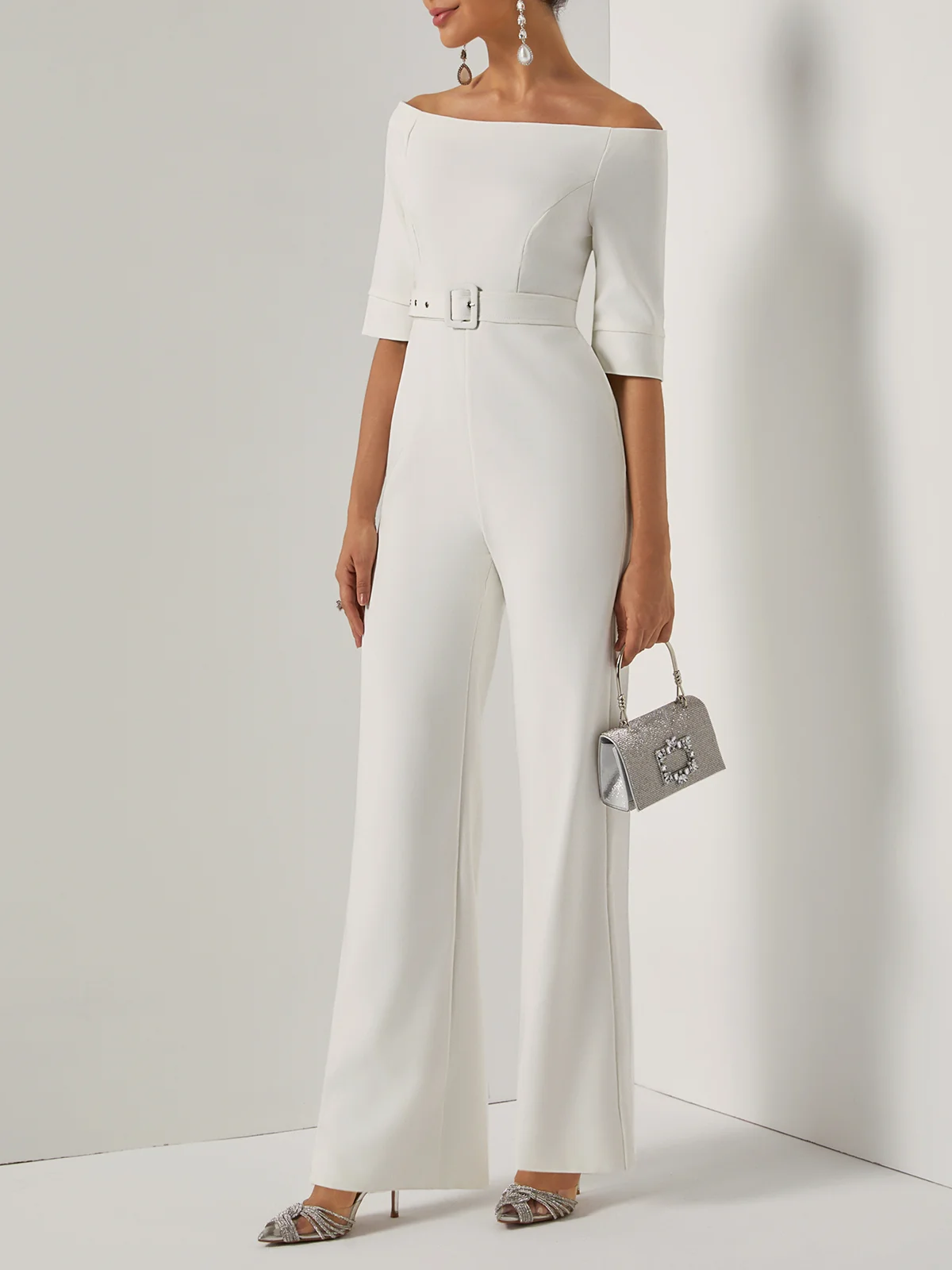 Women White Off The Shoulder Half Sleeve Dressy Jumpsuit