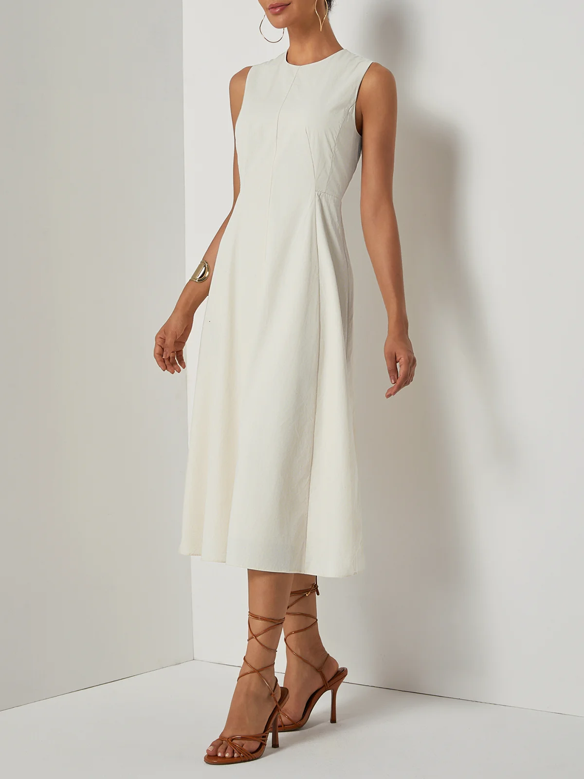 Apricot Cotton Crew Neck Sleeveless A-Line Midi Dress