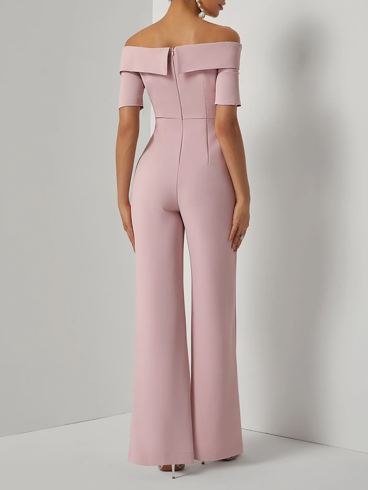 Women Pink 3D Floral Off The Shoulder Short Sleeve Dressy Jumpsuit