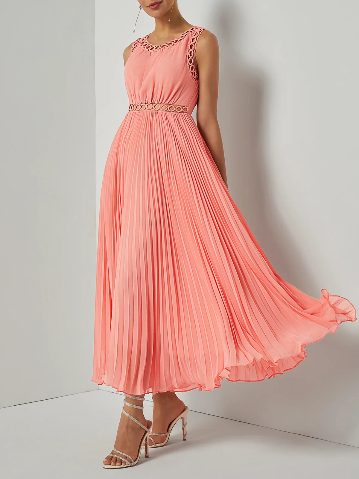 Orange Lace Pleated Hollow Out Chiffon Crew Neck Sleeveless A-Line Maxi Dress