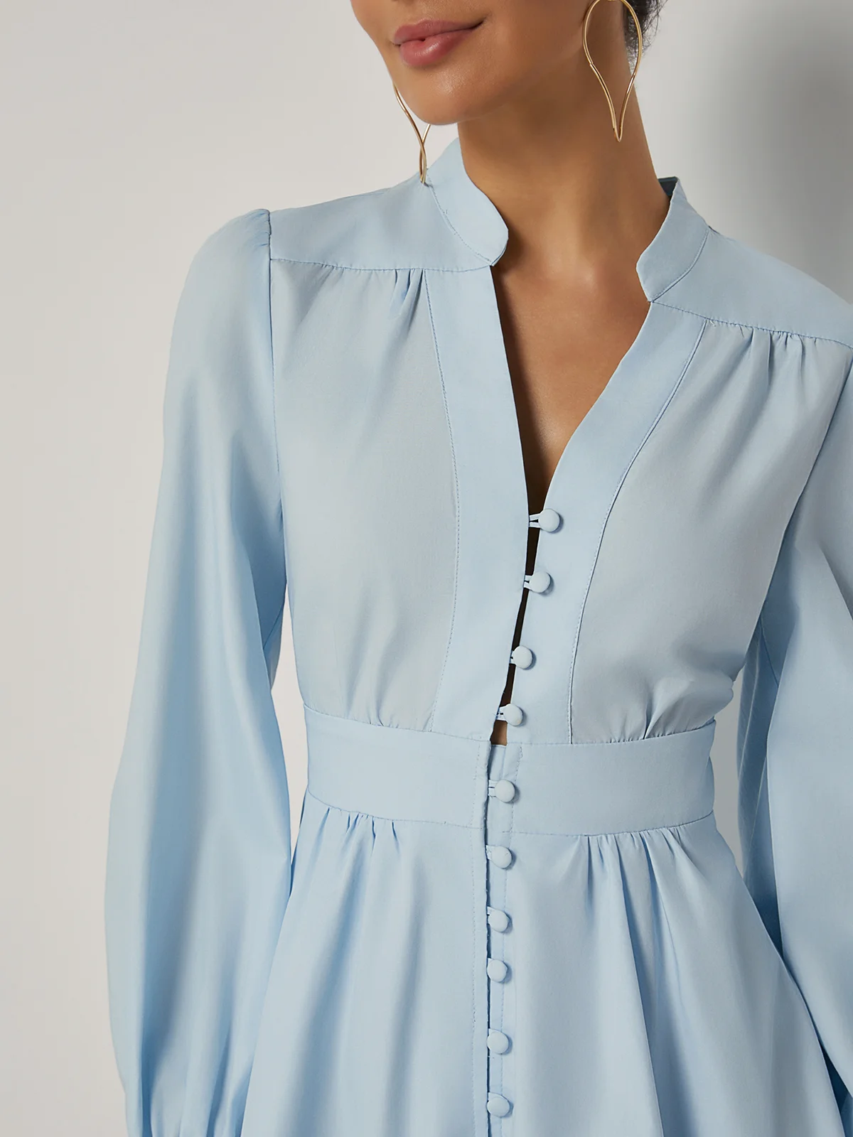 Light Blue Buckle Gathered Cotton V Neck Long Sleeve Balloon Sleeve A-Line Mini Dress