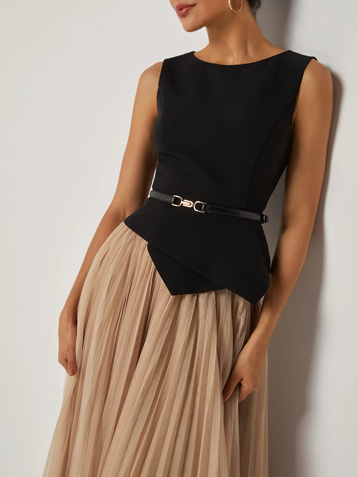 Light Khaki Asymmetrical Boat Neck Top with Skirt Two-Piece Set With Belt