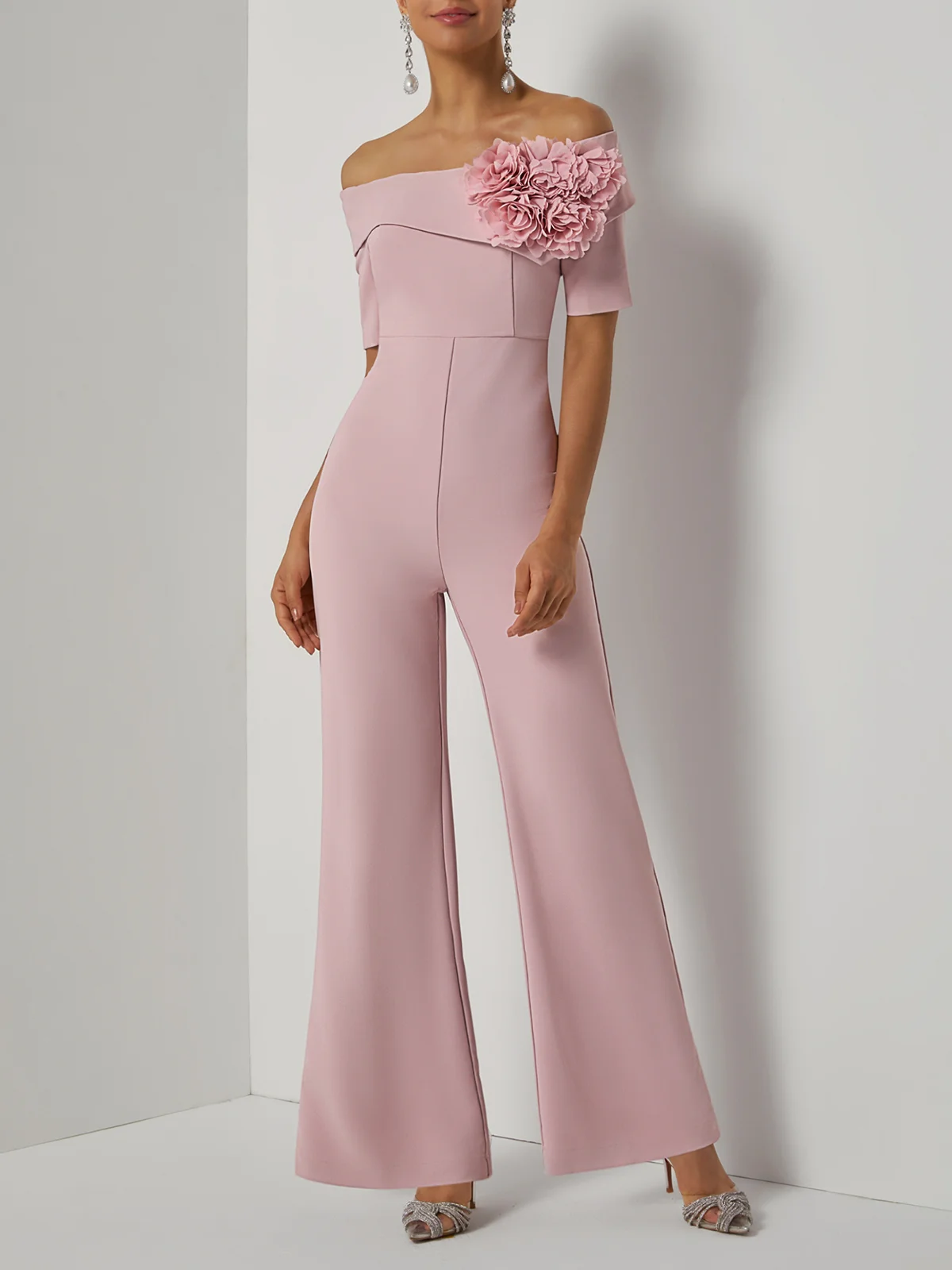 Women Pink 3D Floral Off The Shoulder Short Sleeve Dressy Jumpsuit