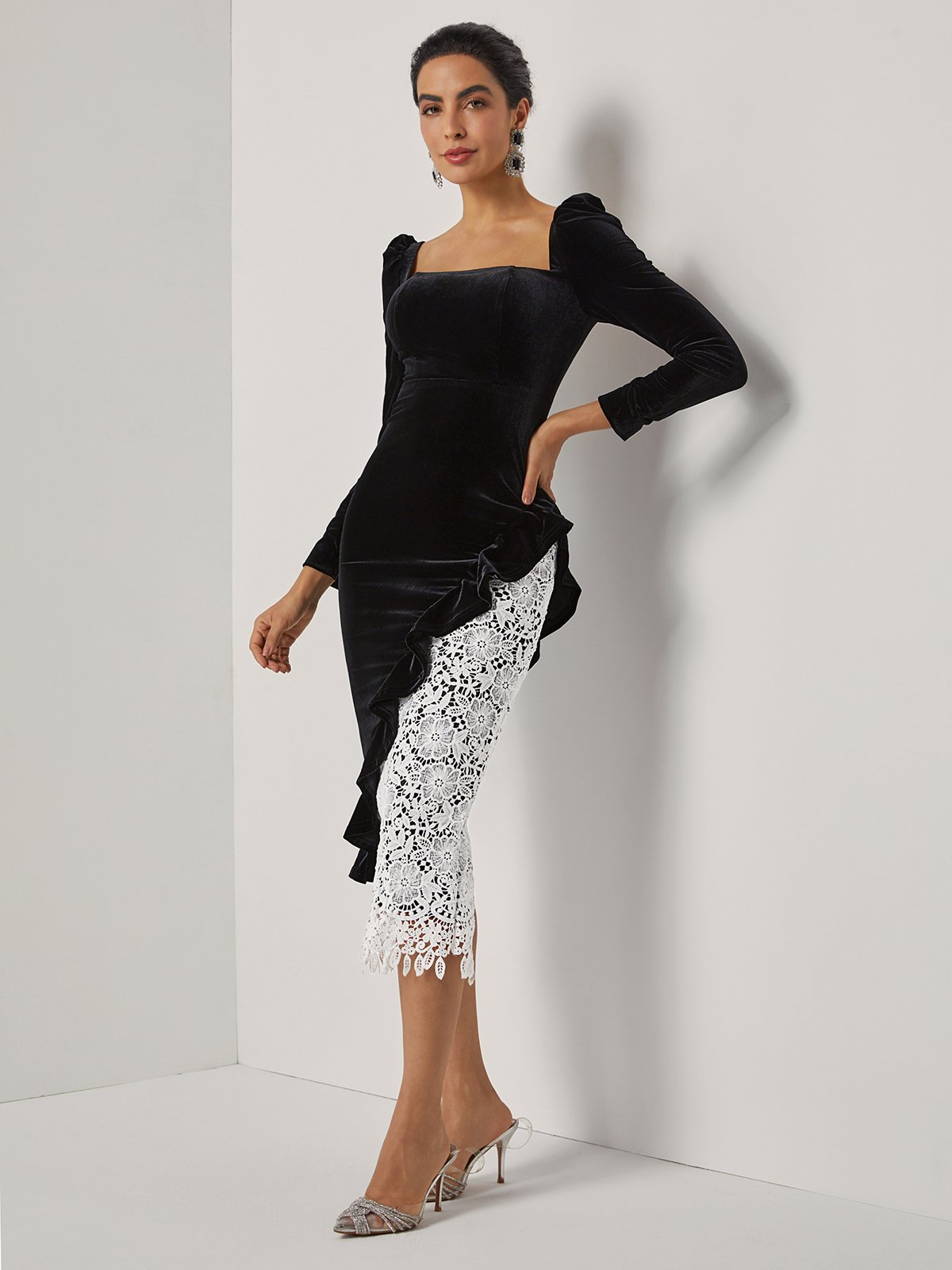 Black Lace Ruffled Velvet Square Neck Long Sleeve Sheath Midi Dress