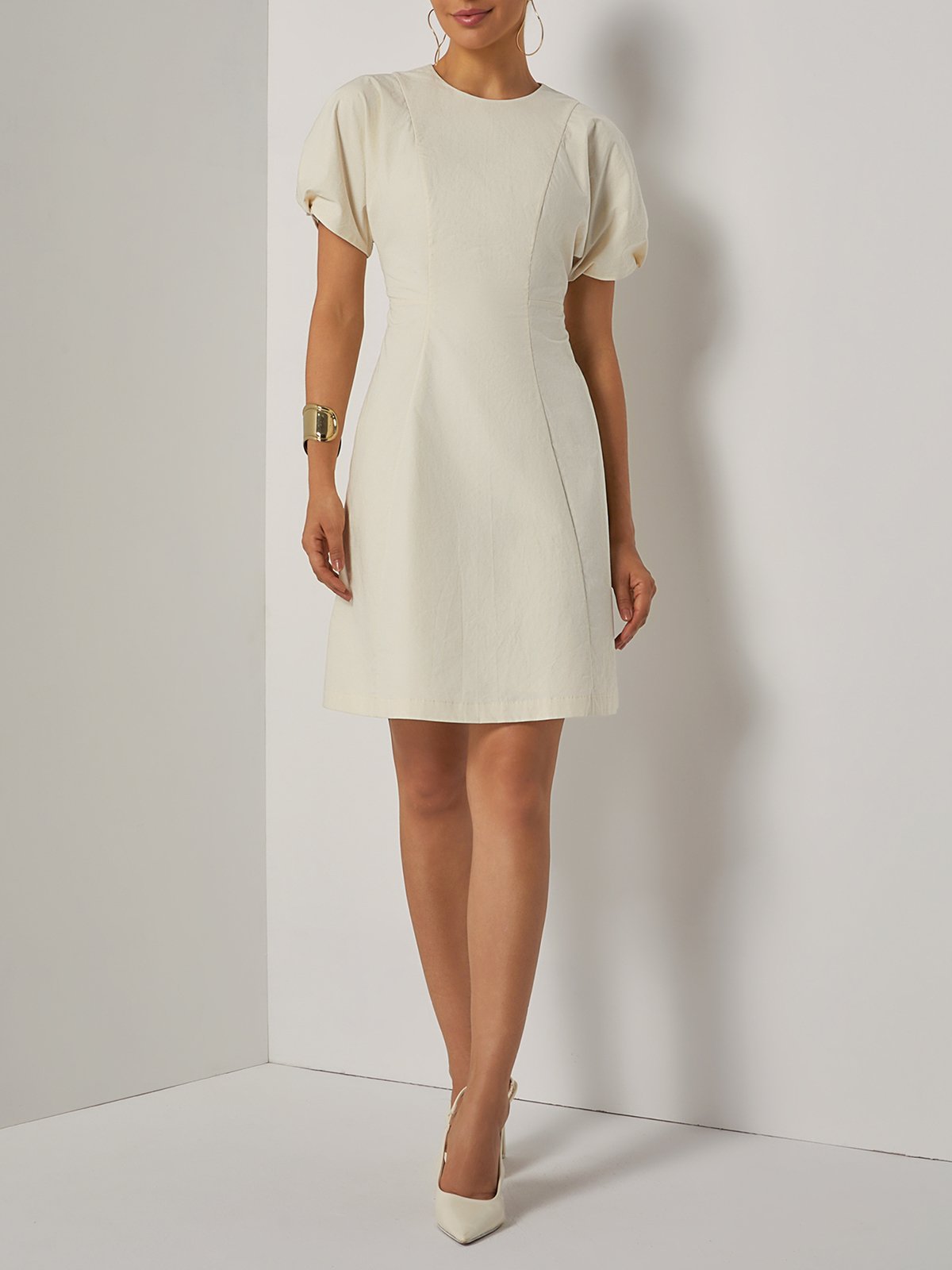 White Lyocell Cotton Crew Neck Short Sleeve Raglan Sleeves A-Line Midi Dress