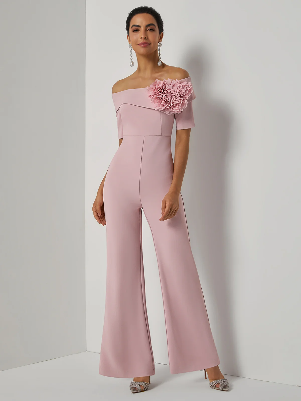 Women Pink 3D Floral Off The Shoulder Short Sleeve Dressy Jumpsuit
