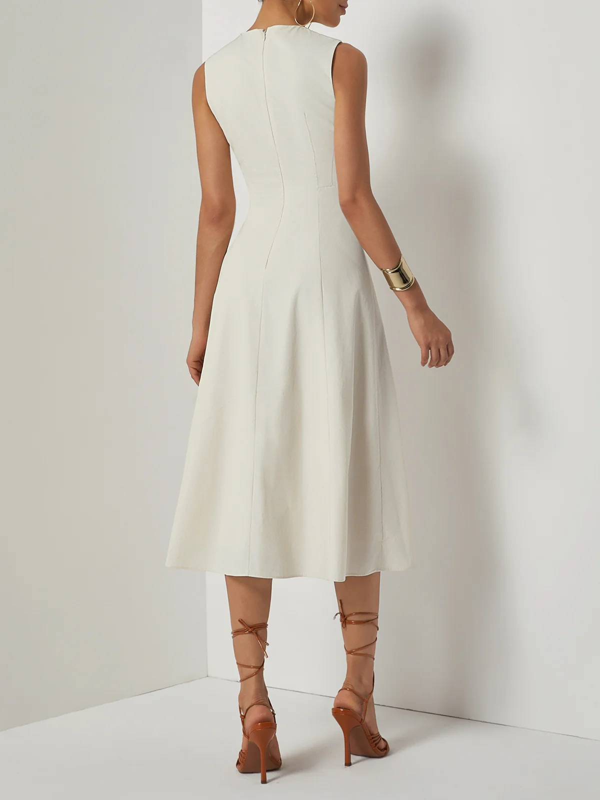 Apricot Cotton Crew Neck Sleeveless A-Line Midi Dress