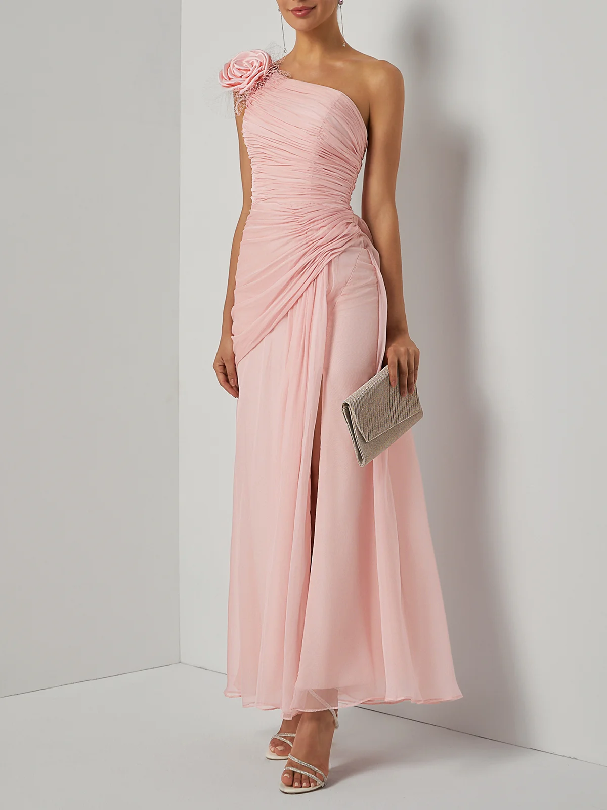 Pink 3D Floral Chiffon One Shoulder Sleeveless Sheath Gown Dress