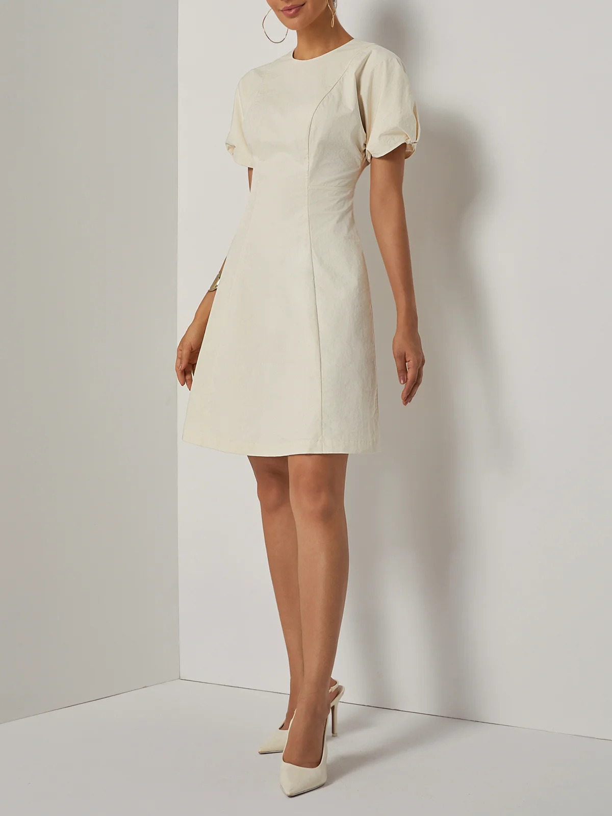 White Lyocell Cotton Crew Neck Short Sleeve Raglan Sleeves A-Line Midi Dress