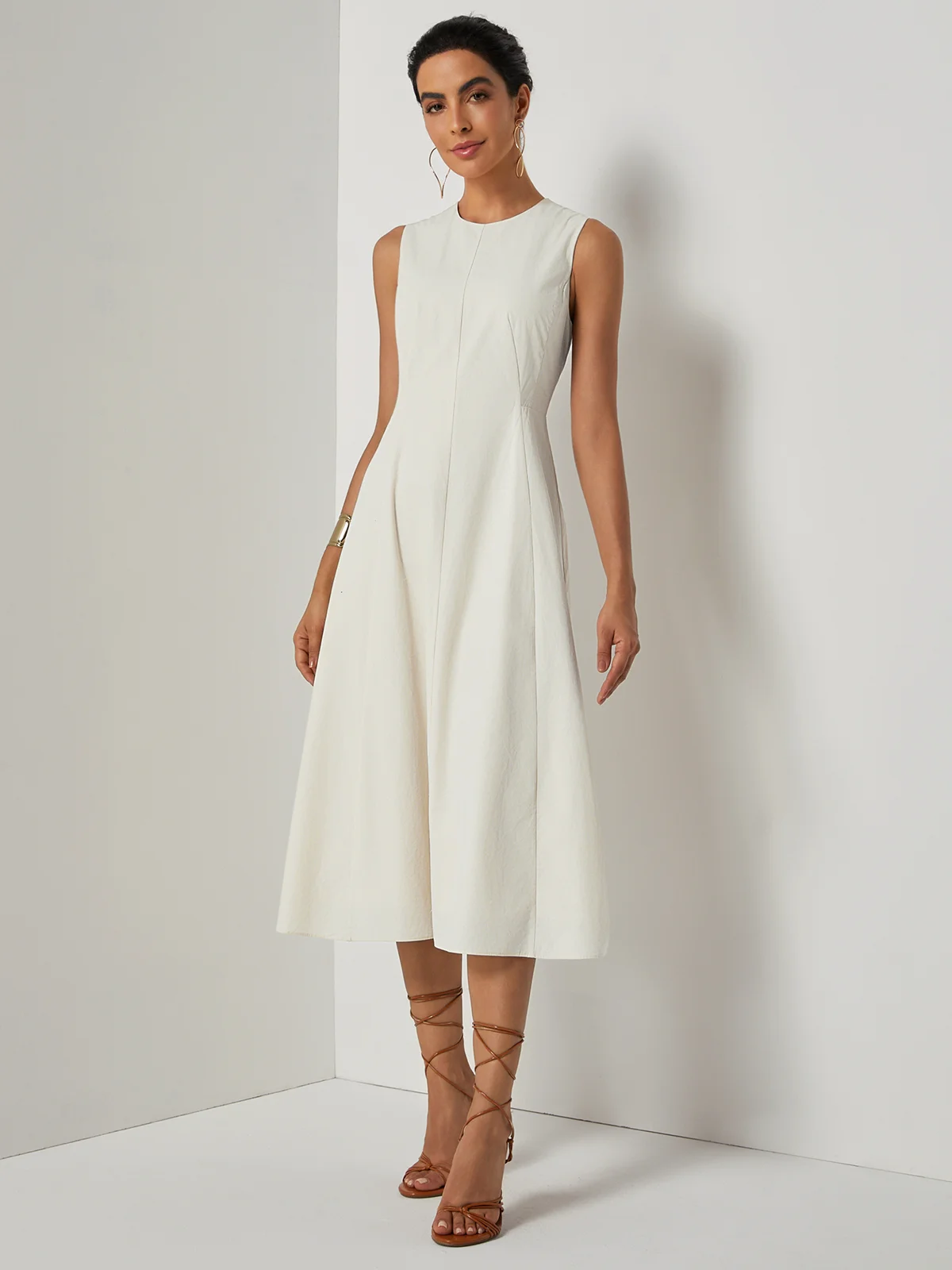 Apricot Cotton Crew Neck Sleeveless A-Line Midi Dress