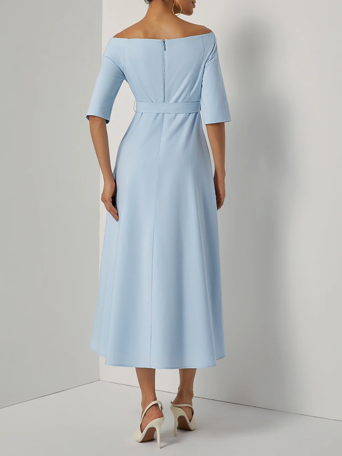Light Blue Cotton Off The Shoulder Half Sleeve A-Line Maxi Dress