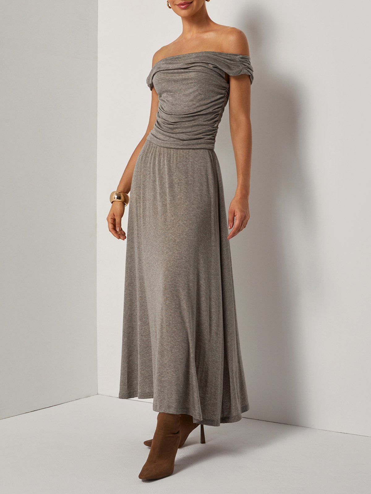 Khaki Lyocell Wool Ruched Knit Off The Shoulder Sleeveless A-Line Maxi Dress