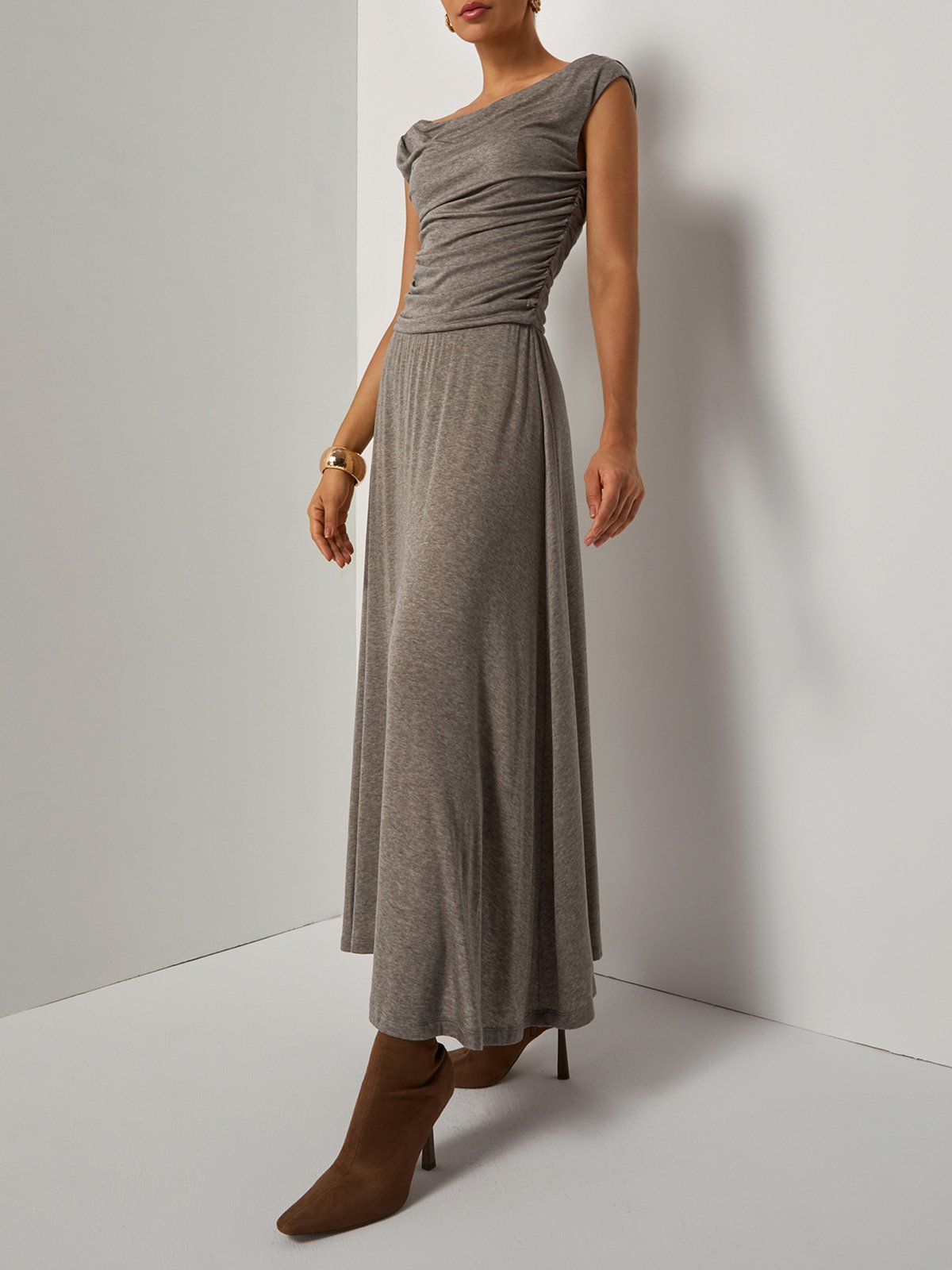 Khaki Lyocell Wool Ruched Knit Off The Shoulder Sleeveless A-Line Maxi Dress