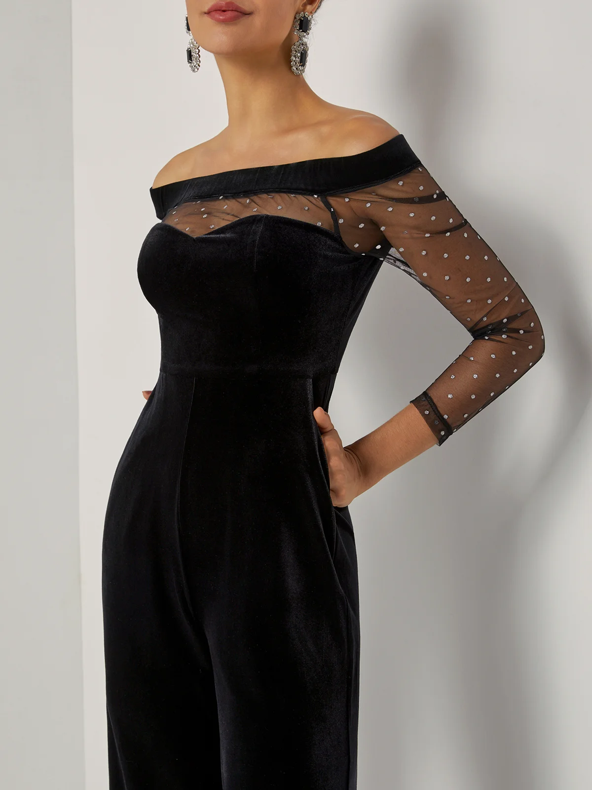 Women Velvet Black Mesh Off The Shoulder Long Sleeve Dressy Jumpsuit