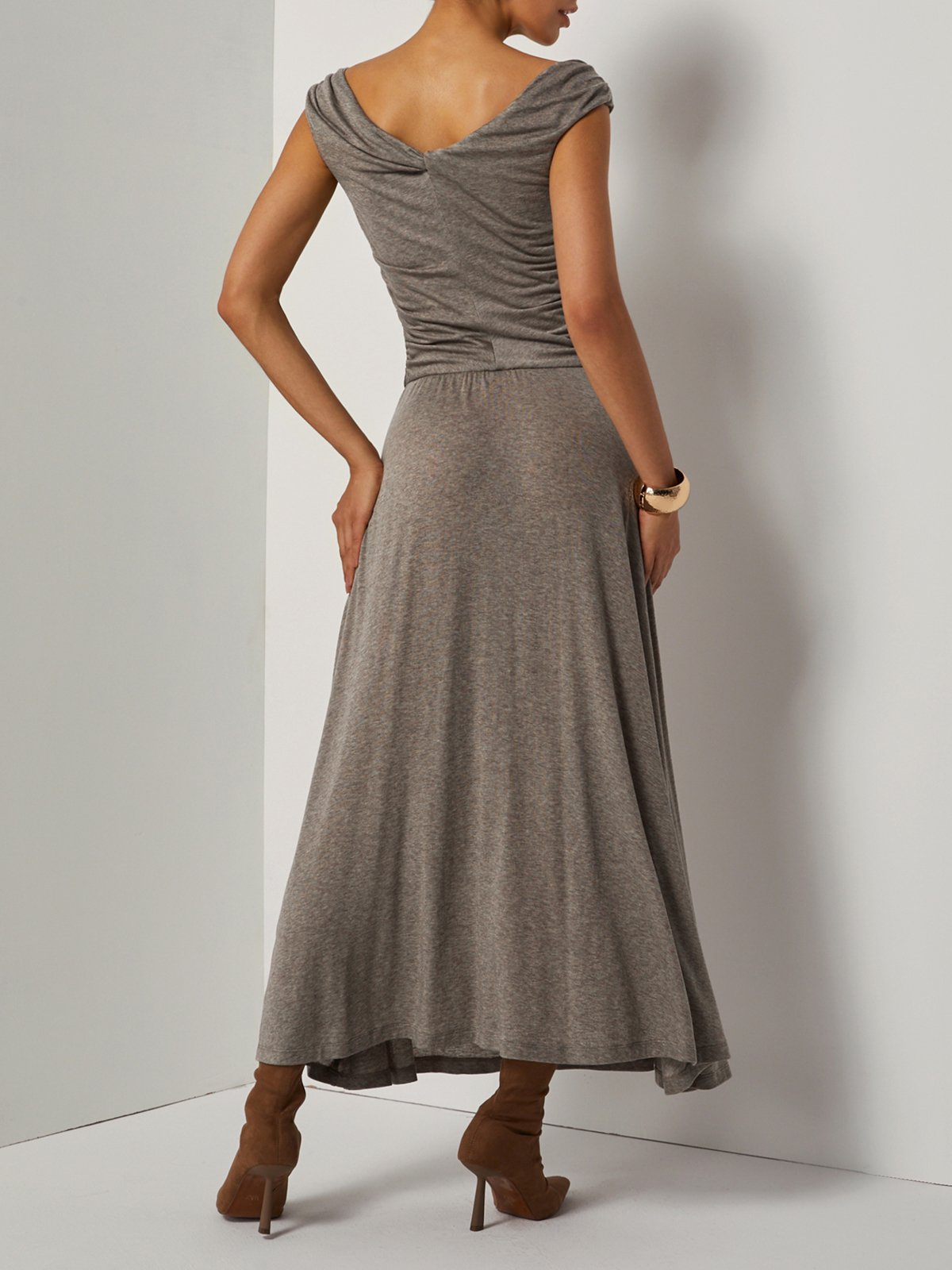 Khaki Lyocell Wool Ruched Knit Off The Shoulder Sleeveless A-Line Maxi Dress