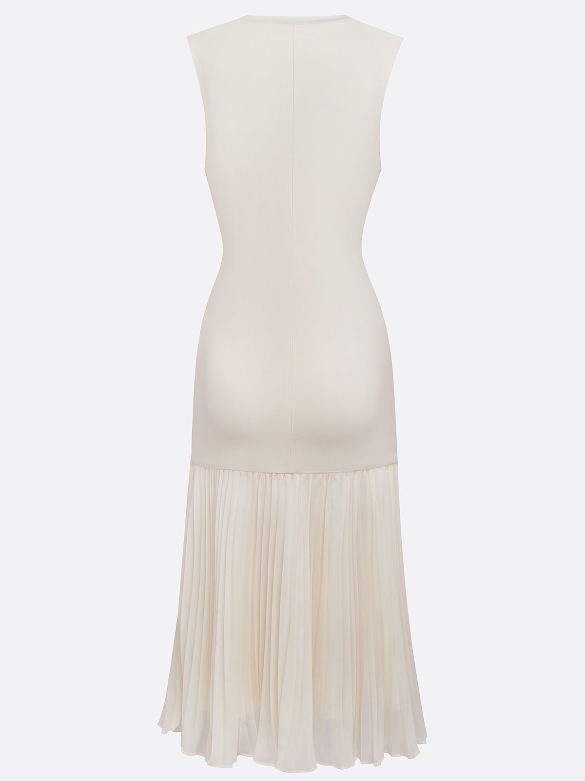 Beige Pleated Knit Crew Neck Sleeveless A-Line Midi Jersey Dress