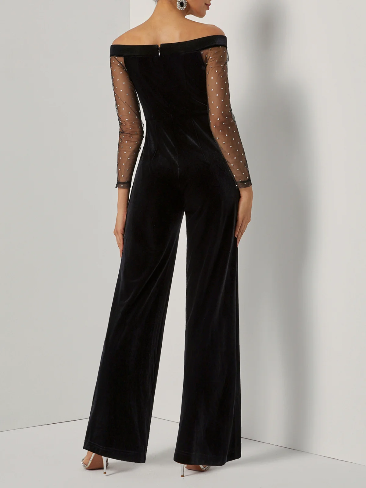 Women Velvet Black Mesh Off The Shoulder Long Sleeve Dressy Jumpsuit