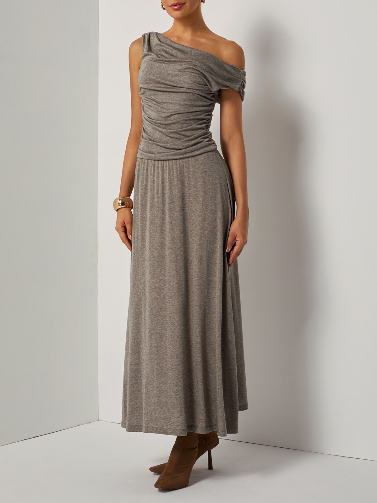 Khaki Lyocell Wool Ruched Knit Off The Shoulder Sleeveless A-Line Maxi Dress