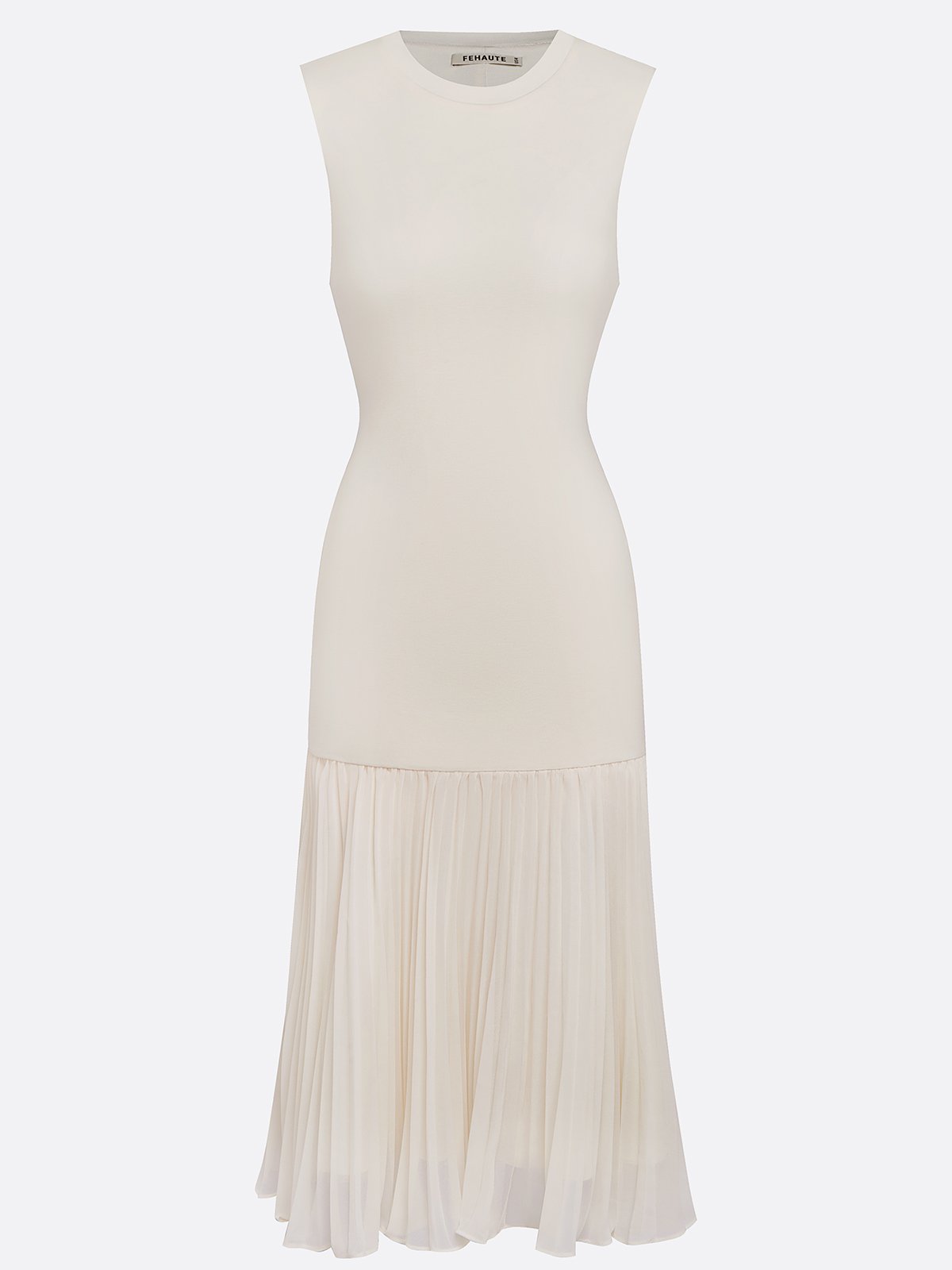 Beige Pleated Knit Crew Neck Sleeveless A-Line Midi Jersey Dress