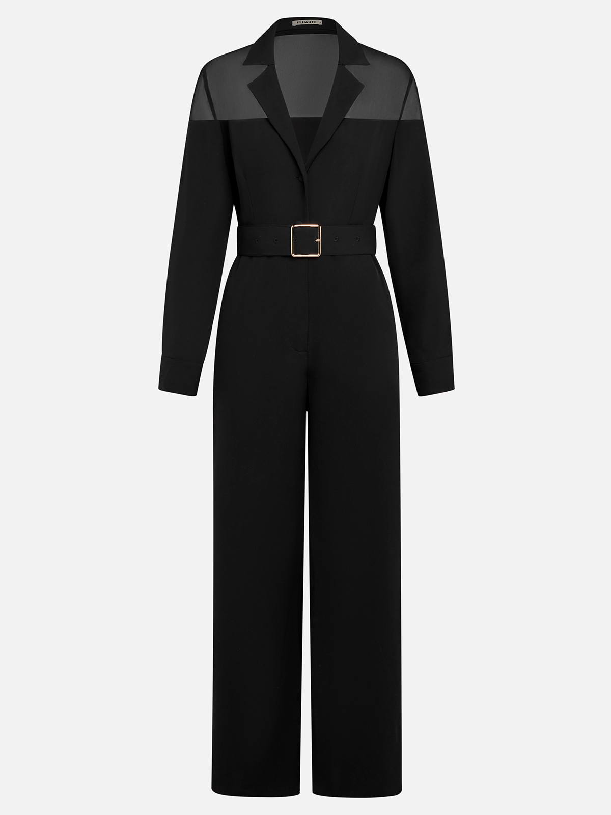 Women Black Mesh Shawl Collar Long Sleeve Dressy Jumpsuit